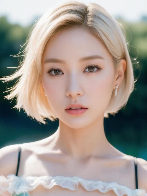 Premium Photo Portrait Of Beautiful Japanese Women With Blonde Short Hair Wearing Organza Top