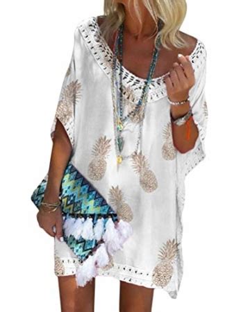Minetom Damen Kurzarm V Ausschnitt Retro Bikini Cover Up Strandkleid Bikinikleid Beachwear Lose