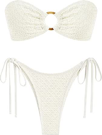 Amazon ZAFUL Women S Bandeau Bikini Strapless O Ring Lace Tie Back High Cut Two Piece