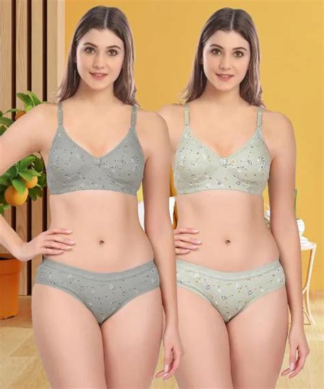 Buy PIBU Women Cotton Bra Panty Set For Lingerie Set Pack Of 2 Color Grey Green Online