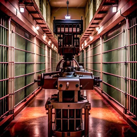 A futuristic robotic security guard stands in a prison hallway