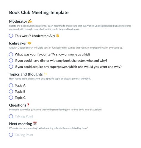 Book Club Meeting Template Fellow App