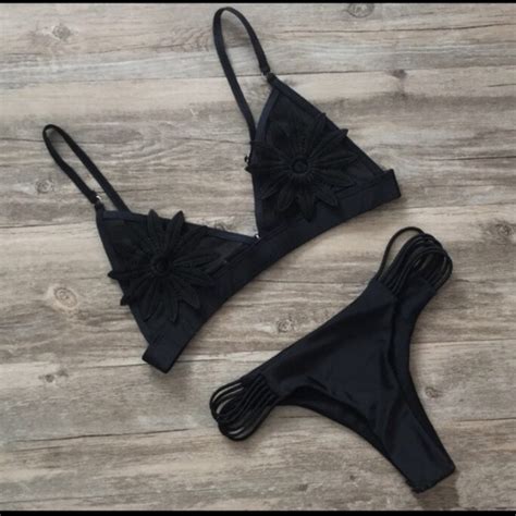 Vivian Boutique Swim New Black Mesh Embroidered Flower Bikini Swimsuit Poshmark
