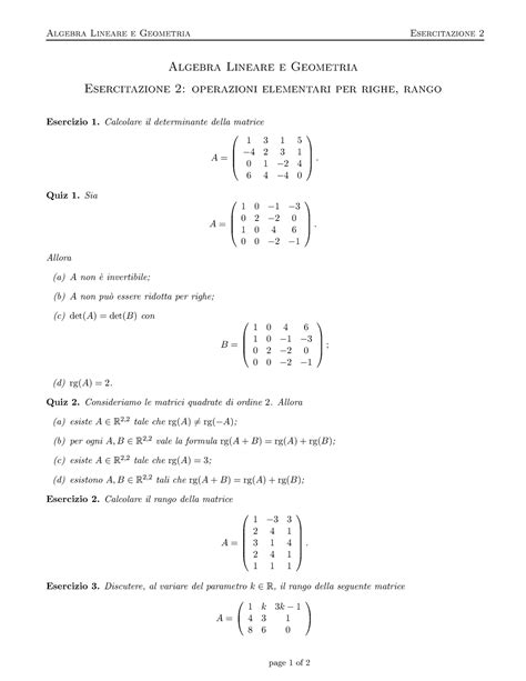 Esercitazione Matrici Algebra Lineare E Geometria Esercitazione