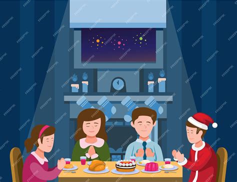 Premium Vector | Family christmas dinner family praying before eat in