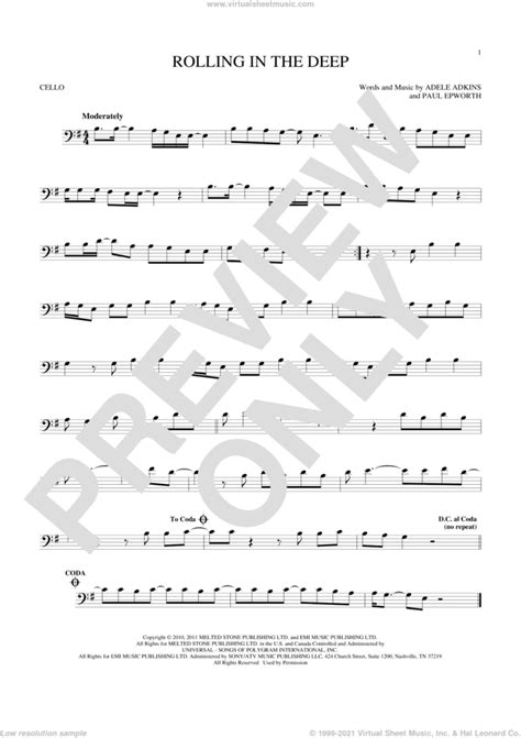 Rolling In The Deep Sheet Music For Cello Solo Pdf Interactive