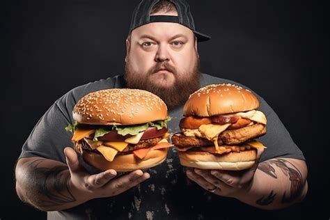 Premium Ai Image Fat Man Holding Two Juicy Burgers In His Hands