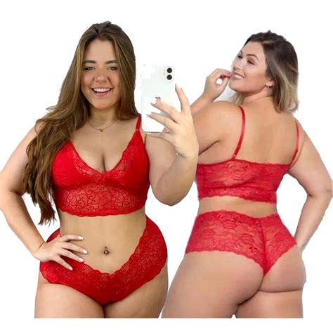 Conjunto Espera Marido Plus Size Lingerie Sexy Cropped E Calcinha Renda