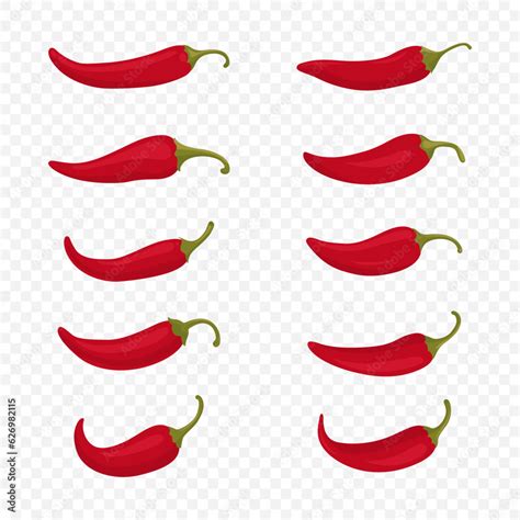 Flat Vector Red Whole Fresh And Hot Chili Pepper Icon Set Closeup