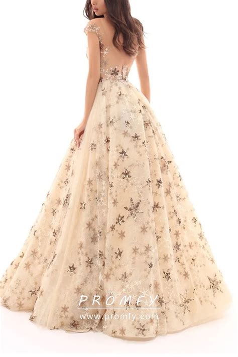 Unusual Gold Stars Adorned Nude Tulle Prom Dress Promfy