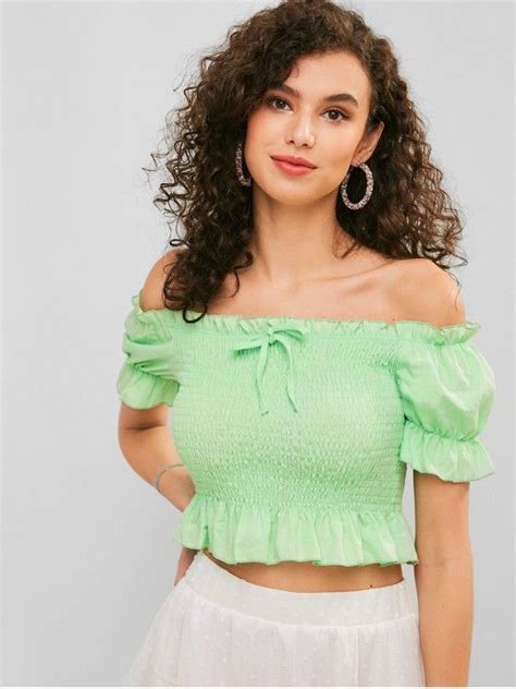 [23 Off] 2021 Zaful Smocked Off Shoulder Ruffle Blouse In Aquamarine