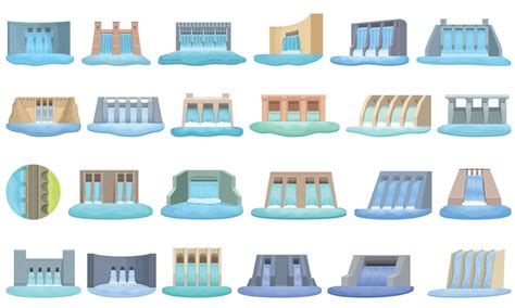 Hydro Power Station Dam Icons Set Cartoon Vector Water Plant