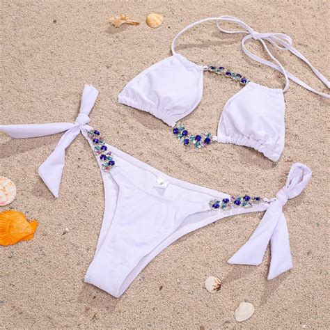 Rinabe Bikini Bandage con cristales para mujer traje de baño liso conjunto de Bikini ahuecado