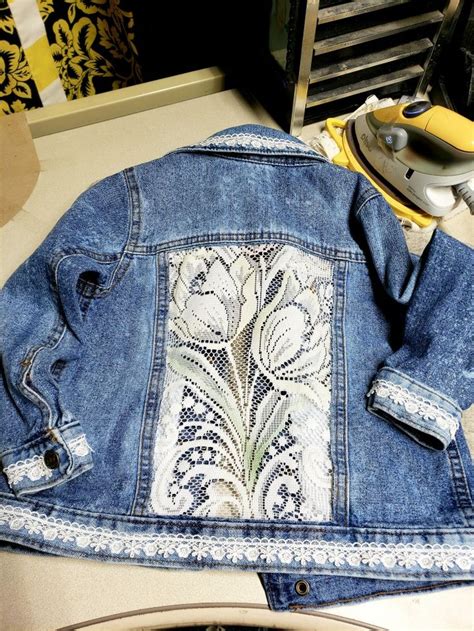 Girls Upcycled Jacket With Vintage Linens Upcycled Jackets Jean Jacket Diy Upcycled Denim Jacket