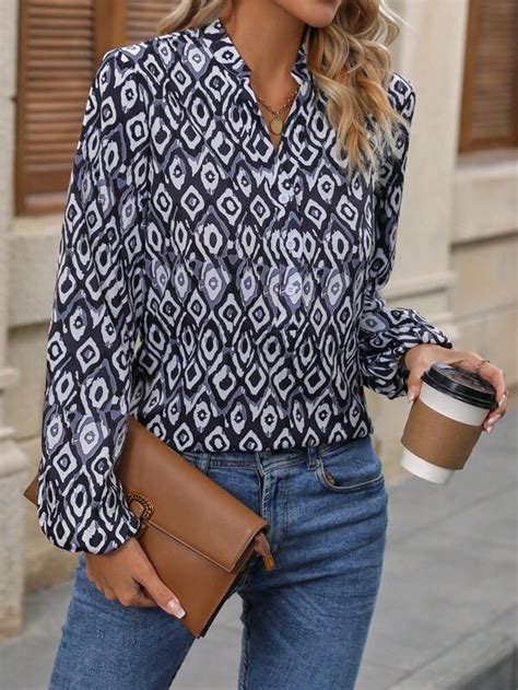 Allover Print Notched Neckline Lantern Sleeve Blouse Shein Usa