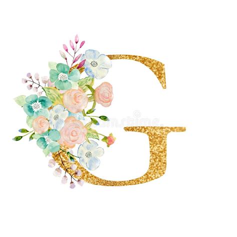 Watercolor Floral Bouquet And Alphabet Gold Letter R With Flowers