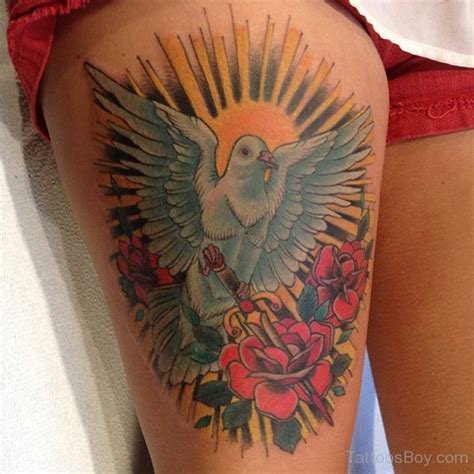 Dove And Rose Tattoo On Thigh - Tattoos Designs