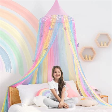 Staolene Rainbow Kids Bed Canopy For Girls Baby Crib With Butterfly