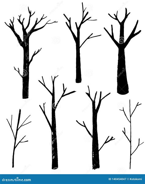Naked Trees Silhouettes Set Hand Drawn Isolated Illustrations Nature
