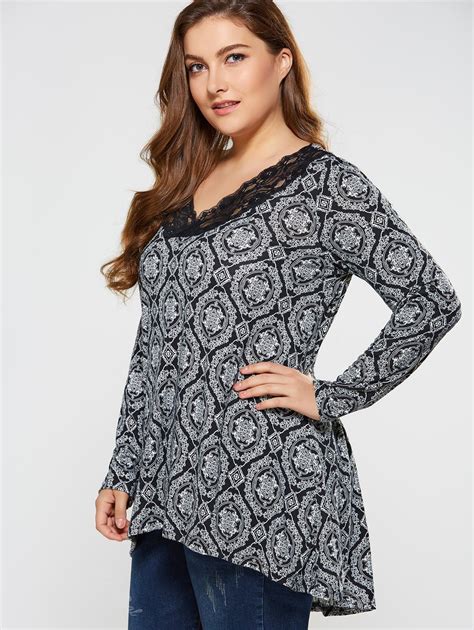28 Off Plus Size Lace Trim Adjustable Sleeve Blouse Rosegal