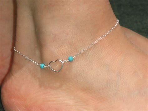 Sterling Silver Heart Anklet Heart Turquoise Anklet Sterling Silver