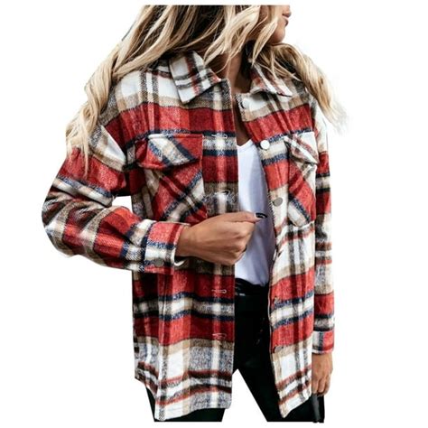 Flannel Shacket Jacket Coat For Women Plaid Shirts Flannel Lapel Button Down Shacket Outerwear