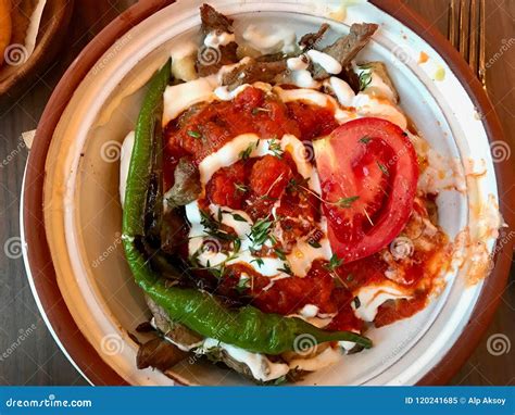 Turkish Food Meat Food Kebab With Yogurt And Tomato Paste Sauce In