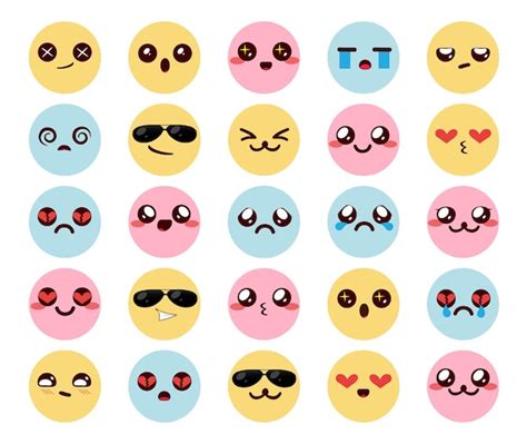 Conjunto De Vetores De Emoticons Coloridos Kawaii Emoji Chibi Emoticon