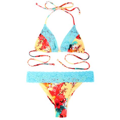 RELLECIGA Damen Bademode Triangel Bikini Set Mit Unterteil Im Brasil Style Blaue Spitze Floral