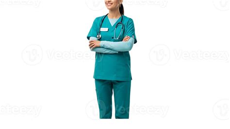 smiling female nurse  teal scrubs  stethoscope  neck