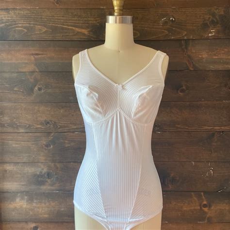 Vintage 80s Shapewear Bodysuit White Satin Stripe Gem