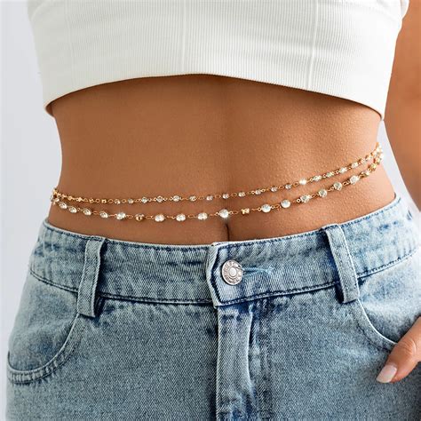 Salircon Delicate Shiny Rhinestone Chain Belly Waist Chain Sexy Double Layer Bikini Beach Summer