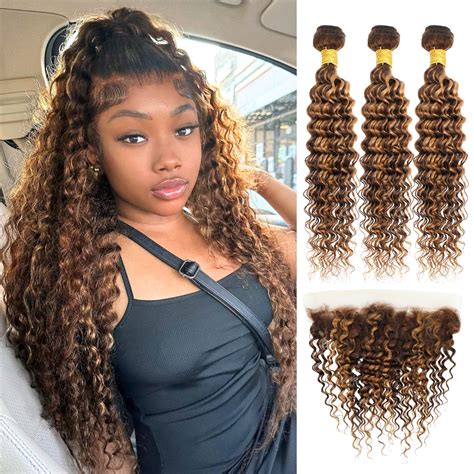 Amazon AUROO P Honey Blonde Highlight Deep Wave Bundles With Frontal Human Hair