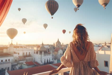 Female Tourist Enjoying Watching Hot Air Balloons Flying In The Sky At
