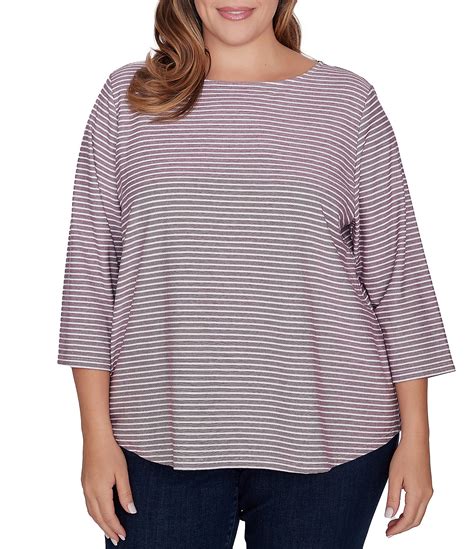 Ruby Rd Plus Size Stripe Print Knit Crew Neck 3 4 Sleeve Top Dillards