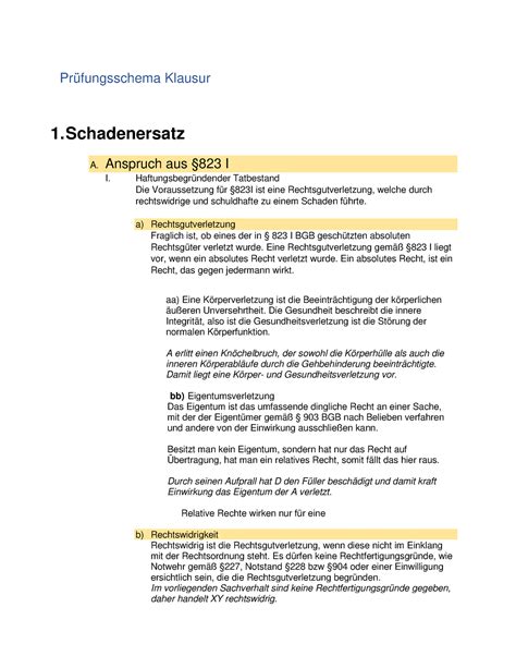 Prüfungsschema Schadensersatz Prüfungsschema Klausur 1 Schadenersatz