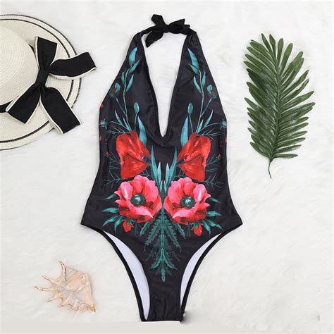 Kadın Seksi Tek Parça Çiçek Baskılı Mayo Plunge Bikini Mayo Halter