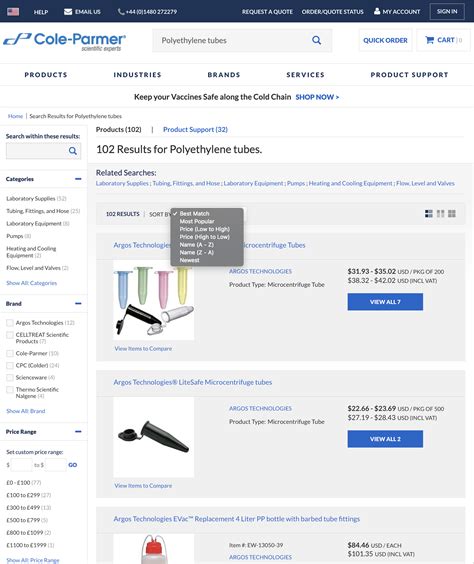 Cole-Parmer’s Sorting Tool – 336 of 459 Sorting Tool Examples – Baymard Institute