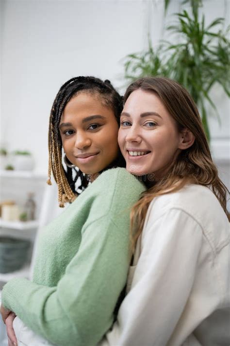 Happy Interracial And Lesbian Women Smiling Stock Photo Image Of Casual Brunette