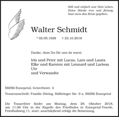 Traueranzeigen Von Walter Schmidt Trauer In Nrw De