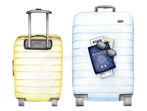 Watercolor Travelling Illustration Suitcases Set Of Watercolour Blue