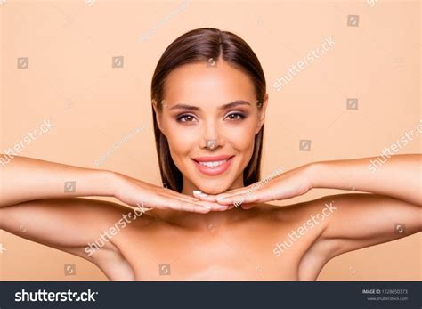 Close Up Portrait Of Charming Lovely Cute Sweet Gorgeous Lady With Her Naked Shoulders Look At