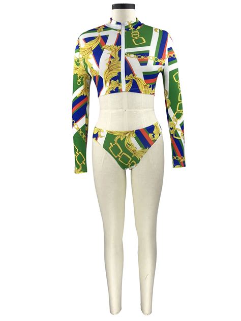 Pieces Women Print Bikinis Set New Swimsuit Women Swimwear Sexy Bikini Long Sleeve Zipper Crop
