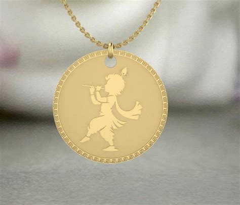 gold krishna pendant necklace hindu god flute design greek key