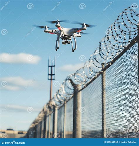 Drone Flying Over Prison Perimeter Fence with Barbed Wire Stock