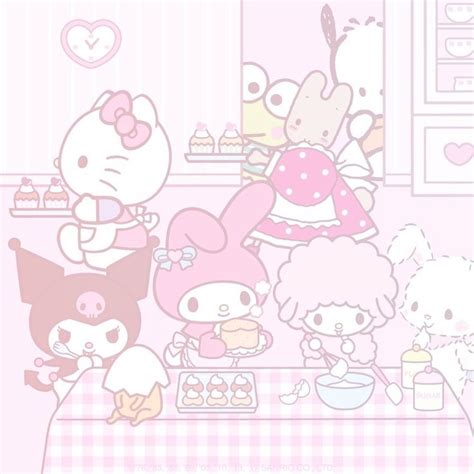 an image of hello kitty eating food in the kitchen with other animals ...