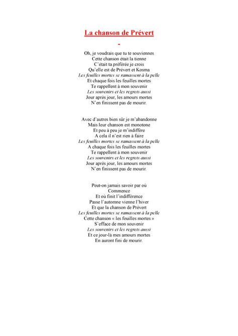 Imprimer le texte de la chanson de Prévert Chanson Enfant Tête à