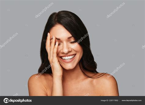 Cute Smiling Shirtless Brunette Woman Closed Eyes Studio Stock Photo By Gstockstudio