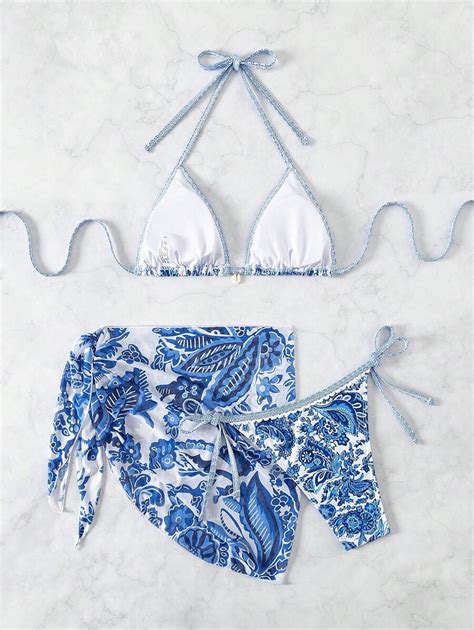 Swim Vcay Conjunto de Maiô Bikini Feminino Estampado Aleatoriamente Peças Verão Praia