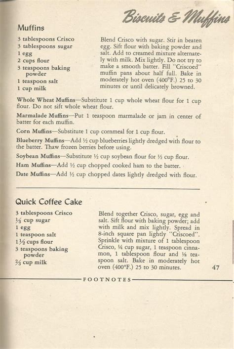 Vintage Recipes 1945 Crisco Cookbook Biscuits Muffins And Bread